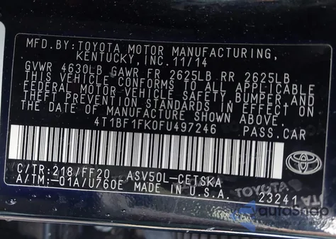 2015 Toyota Camry Se из США, поврежденный, VIN 4T1BF1FK0FU497246